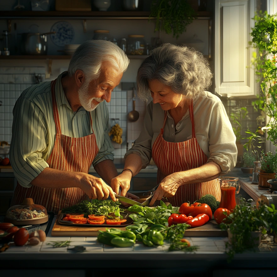 Щаслива старша пара готує здорову їжу разом на кухні